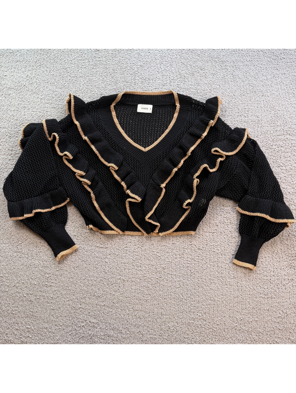 SUBOO Women’s Small Black Gold Metallic Ruffle Open Knit Cropped Sweater